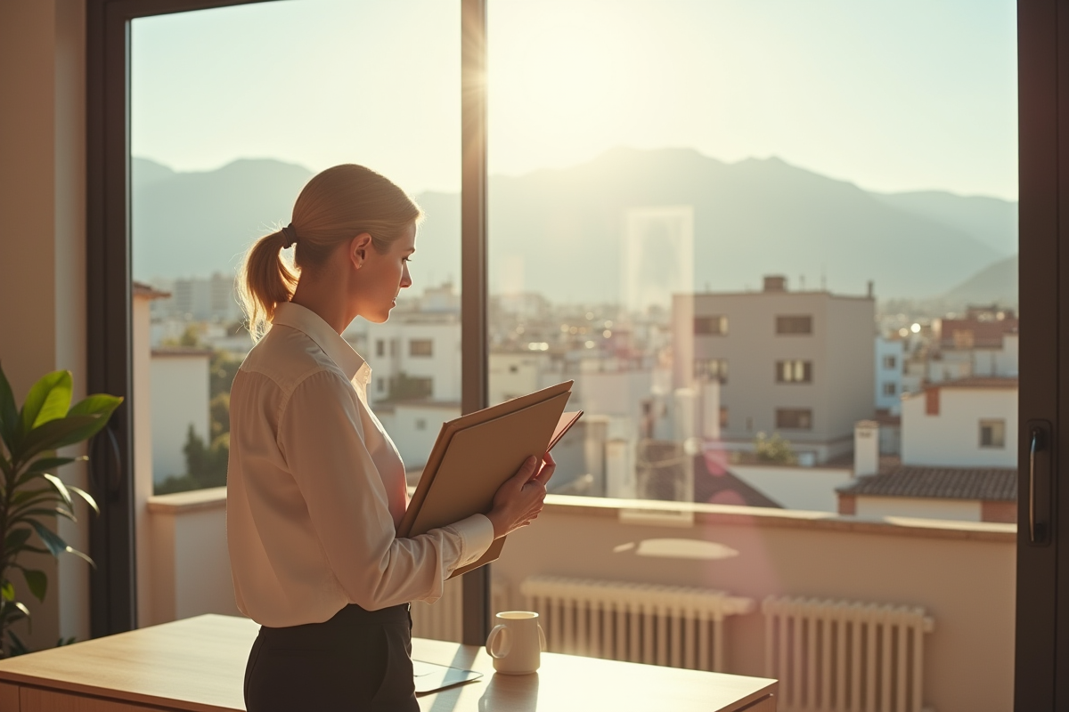 Femme dans un appartement moderne en Espagne regardant par la fenêtre