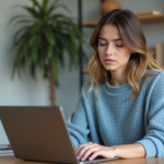 Jeune femme concentrée travaillant sur son ordinateur portable