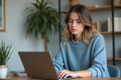 Jeune femme concentrée travaillant sur son ordinateur portable