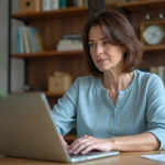 Femme d'âge moyen travaillant sur un ordinateur portable dans un bureau cosy