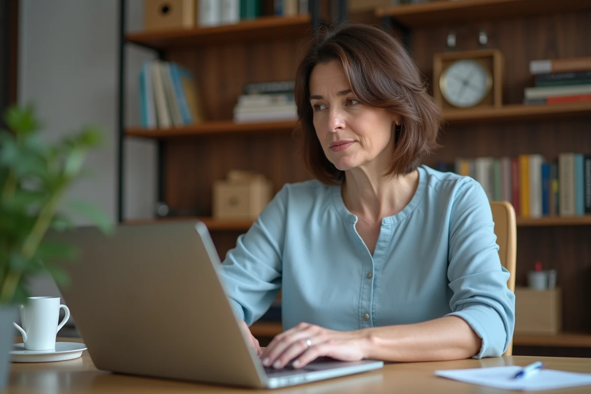 Femme d'âge moyen travaillant sur un ordinateur portable dans un bureau cosy