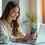Jeune femme souriante avec smartphone dans un bureau lumineux