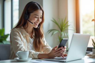 Jeune femme souriante avec smartphone dans un bureau lumineux