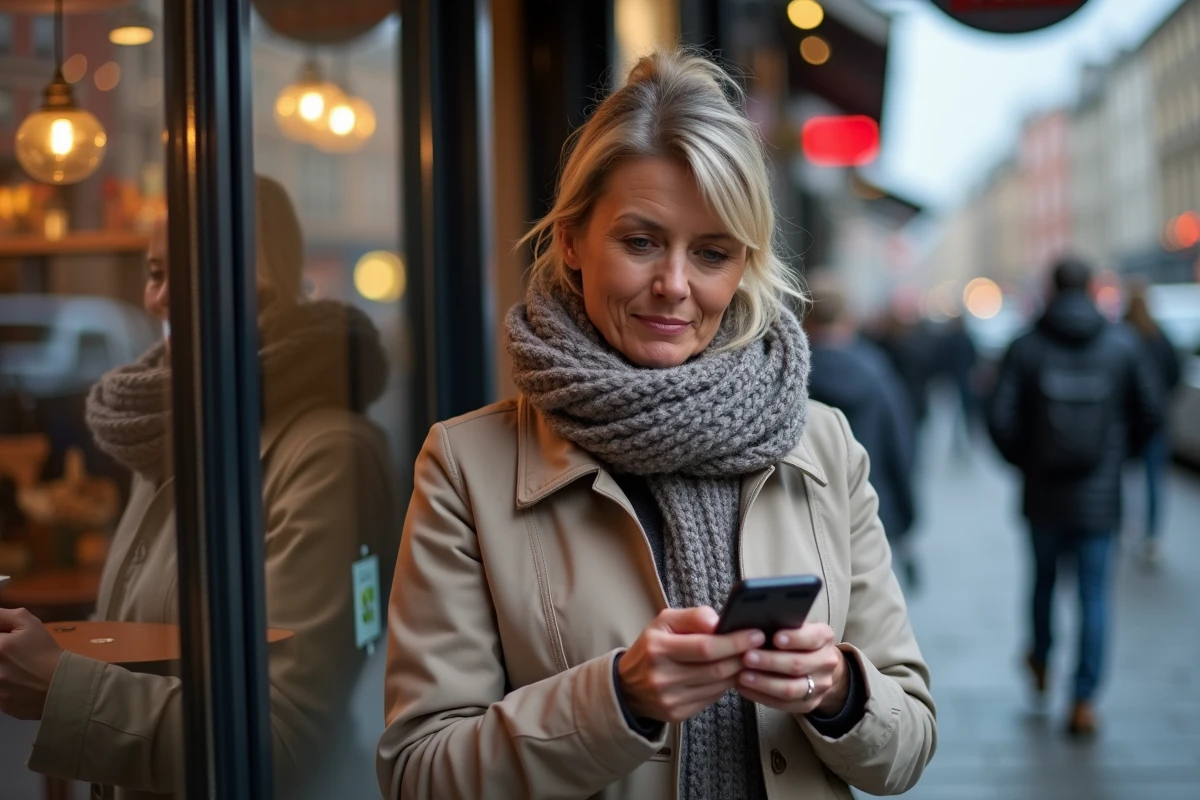 Femme vérifiant un site sur son smartphone dans un café urbain