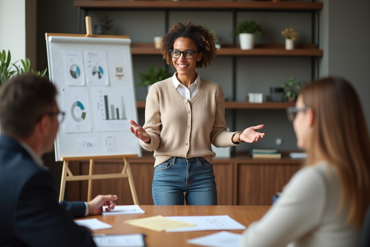 Jeune femme comptable expliquant un budget en réunion