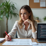 Femme concentrée analysant un article et un ordinateur
