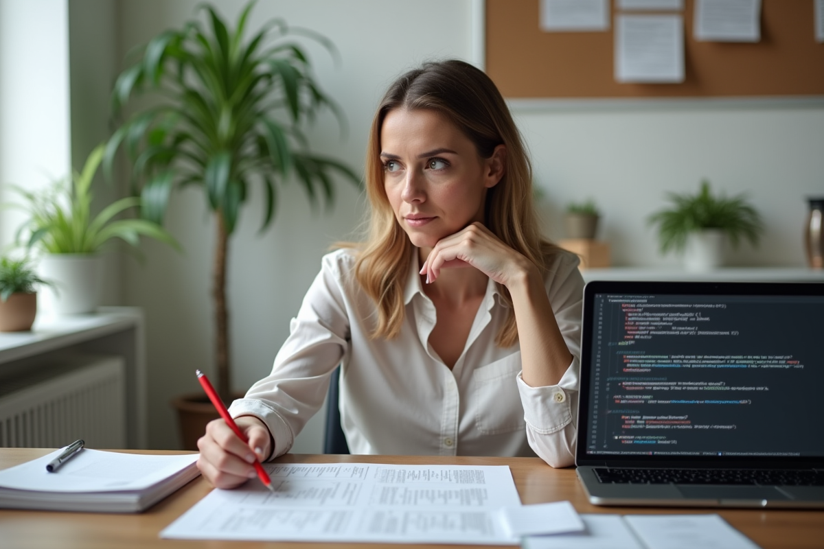 Femme concentrée analysant un article et un ordinateur
