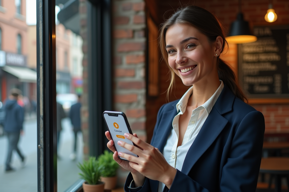 Jeune femme souriante vérifiant une confirmation de Bitcoin sur son smartphone