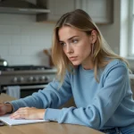 Jeune femme en cuisine travaillant sur une conversion