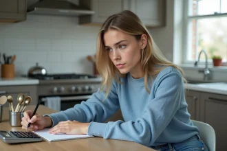 Jeune femme en cuisine travaillant sur une conversion