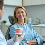 Femme souriante en clinique dentaire expliquant un pont dentaire