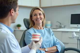 Femme souriante en clinique dentaire expliquant un pont dentaire