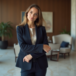 Femme élégante en blazer dans un salon moderne