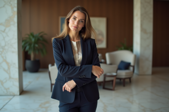 Femme élégante en blazer dans un salon moderne