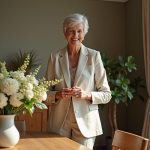 Femme élégante arrangeant des fleurs dans un salon lumineux
