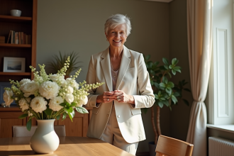 Femme élégante arrangeant des fleurs dans un salon lumineux