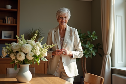 Femme élégante arrangeant des fleurs dans un salon lumineux