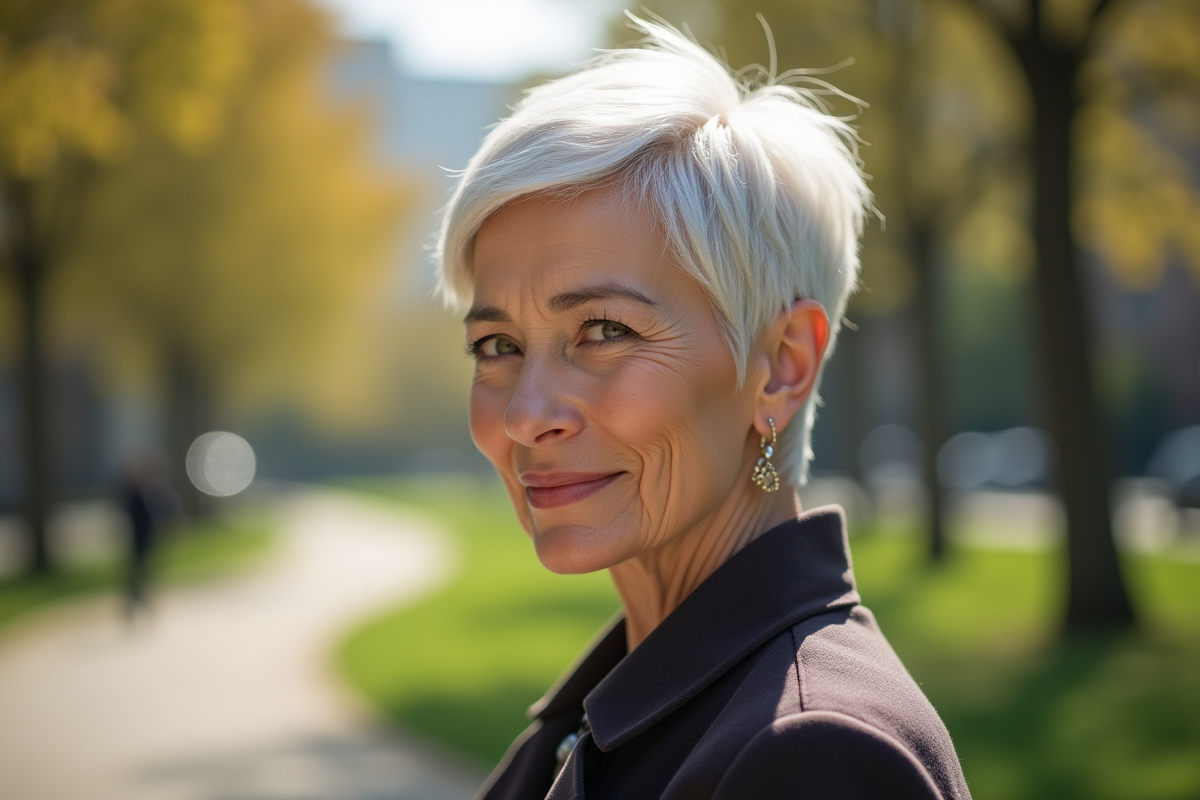 Femme élégante avec coupe pixie dans un parc urbain