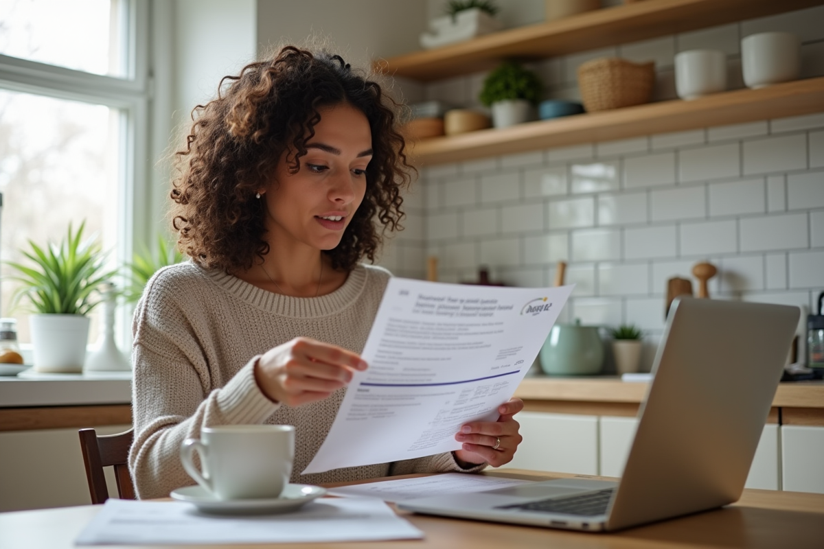 Jeune femme lisant son certificat d energie dans la cuisine