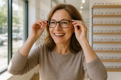 Femme d'âge moyen essayant de nouvelles lunettes dans un magasin lumineux