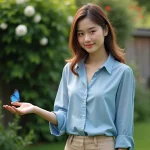 Jeune femme dans un jardin avec papillon sur la main