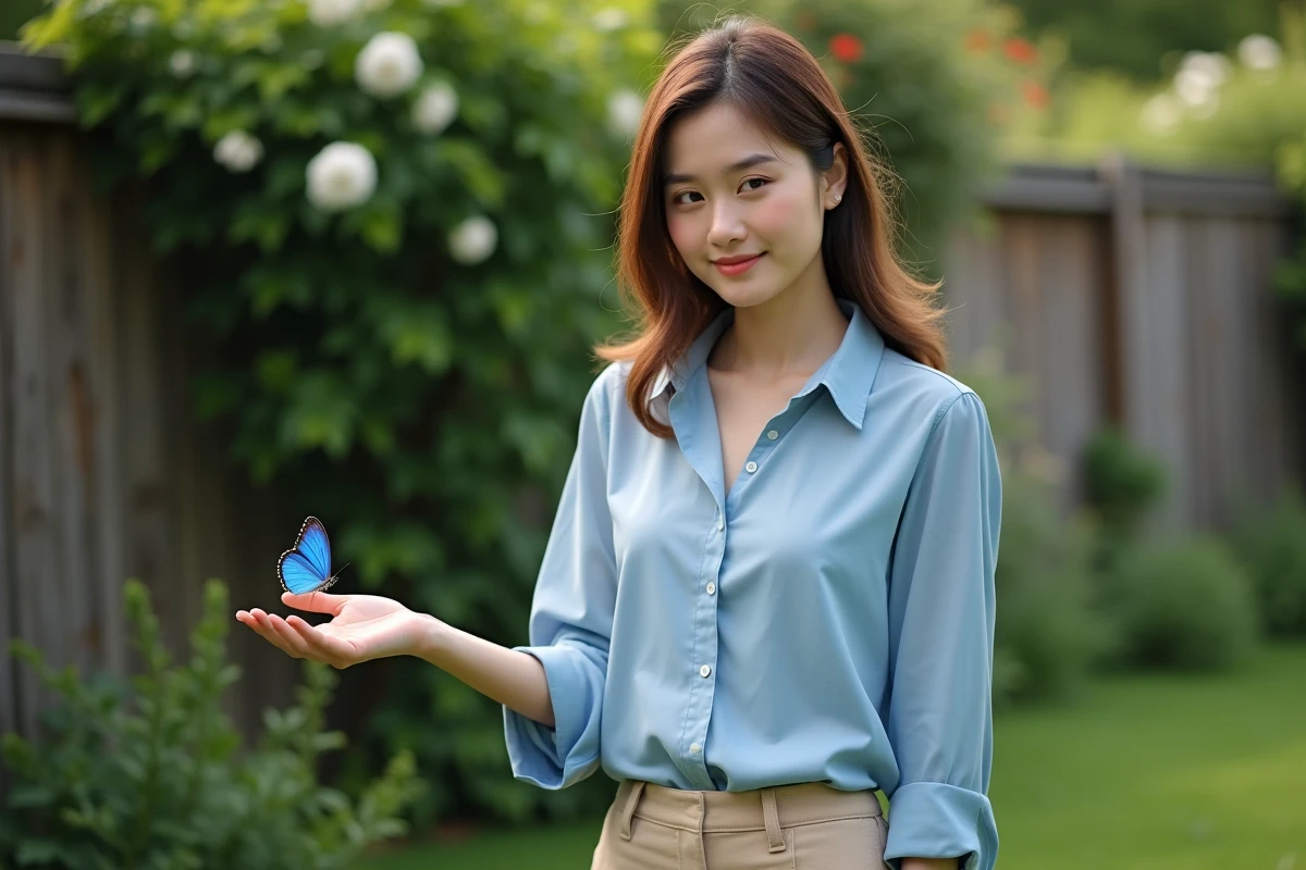 Jeune femme dans un jardin avec papillon sur la main