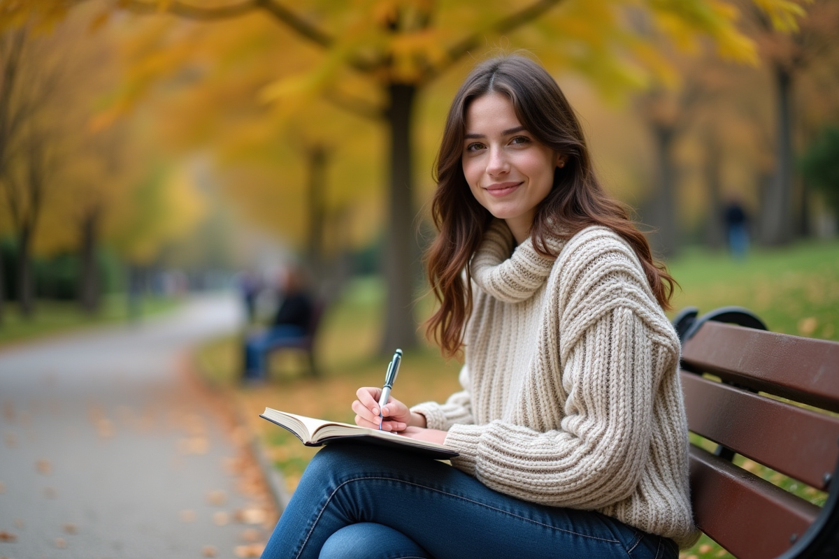 Jeune femme journalisant dans un parc en automne