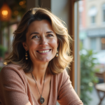 Femme mature souriante dans un cafe ensoleille