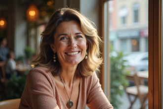 Femme mature souriante dans un cafe ensoleille