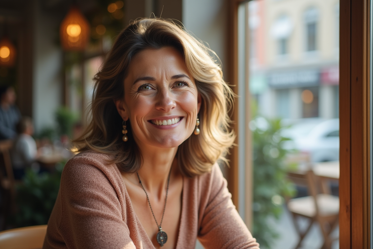 Femme mature souriante dans un cafe ensoleille