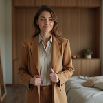 Femme élégante ajustant un manteau camel dans une chambre moderne