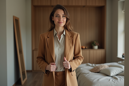 Femme élégante ajustant un manteau camel dans une chambre moderne