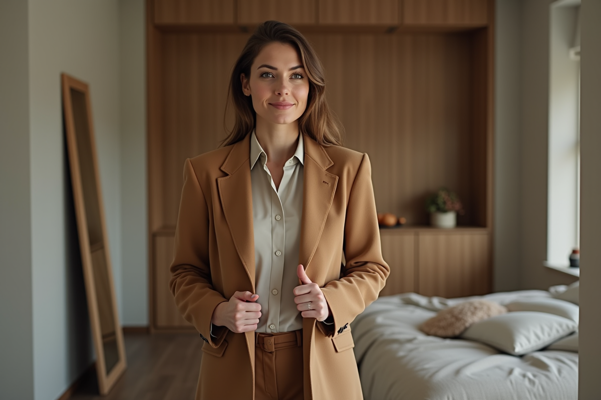Femme élégante ajustant un manteau camel dans une chambre moderne