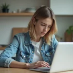 Jeune femme concentrée sur son ordinateur dans la cuisine