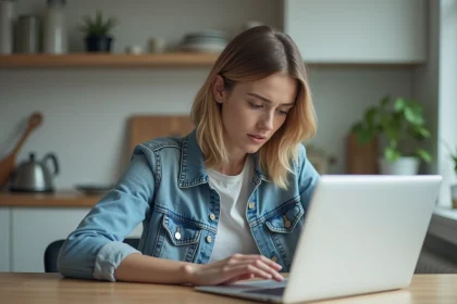 Jeune femme concentrée sur son ordinateur dans la cuisine
