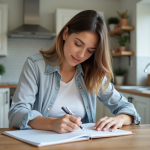 Femme planifiant ses tâches dans une cuisine moderne