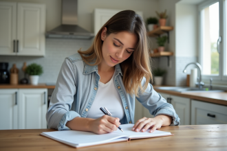 Femme planifiant ses tâches dans une cuisine moderne
