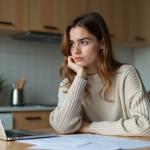 Jeune femme attentive avec papiers et ordinateur dans la cuisine