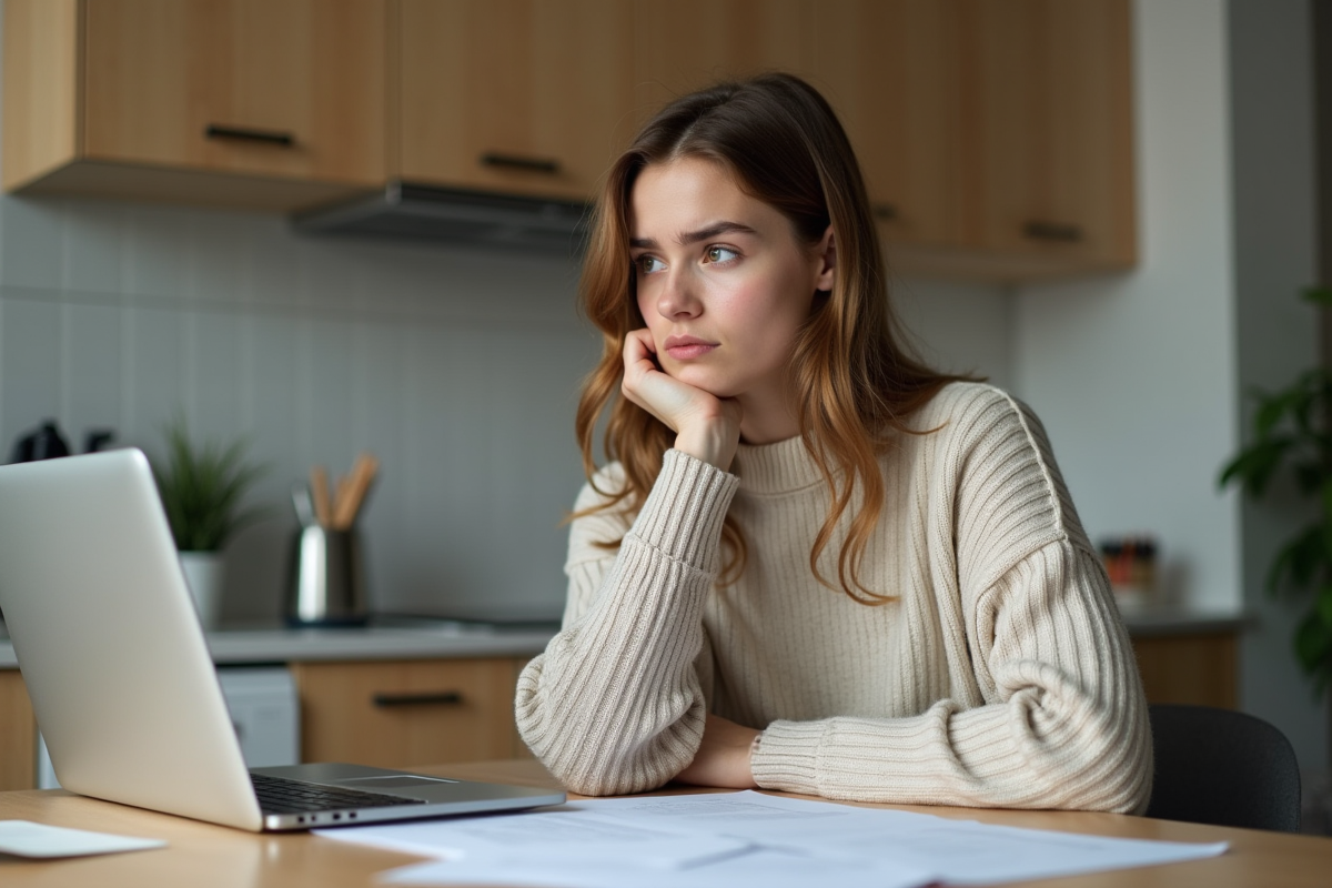 Jeune femme attentive avec papiers et ordinateur dans la cuisine