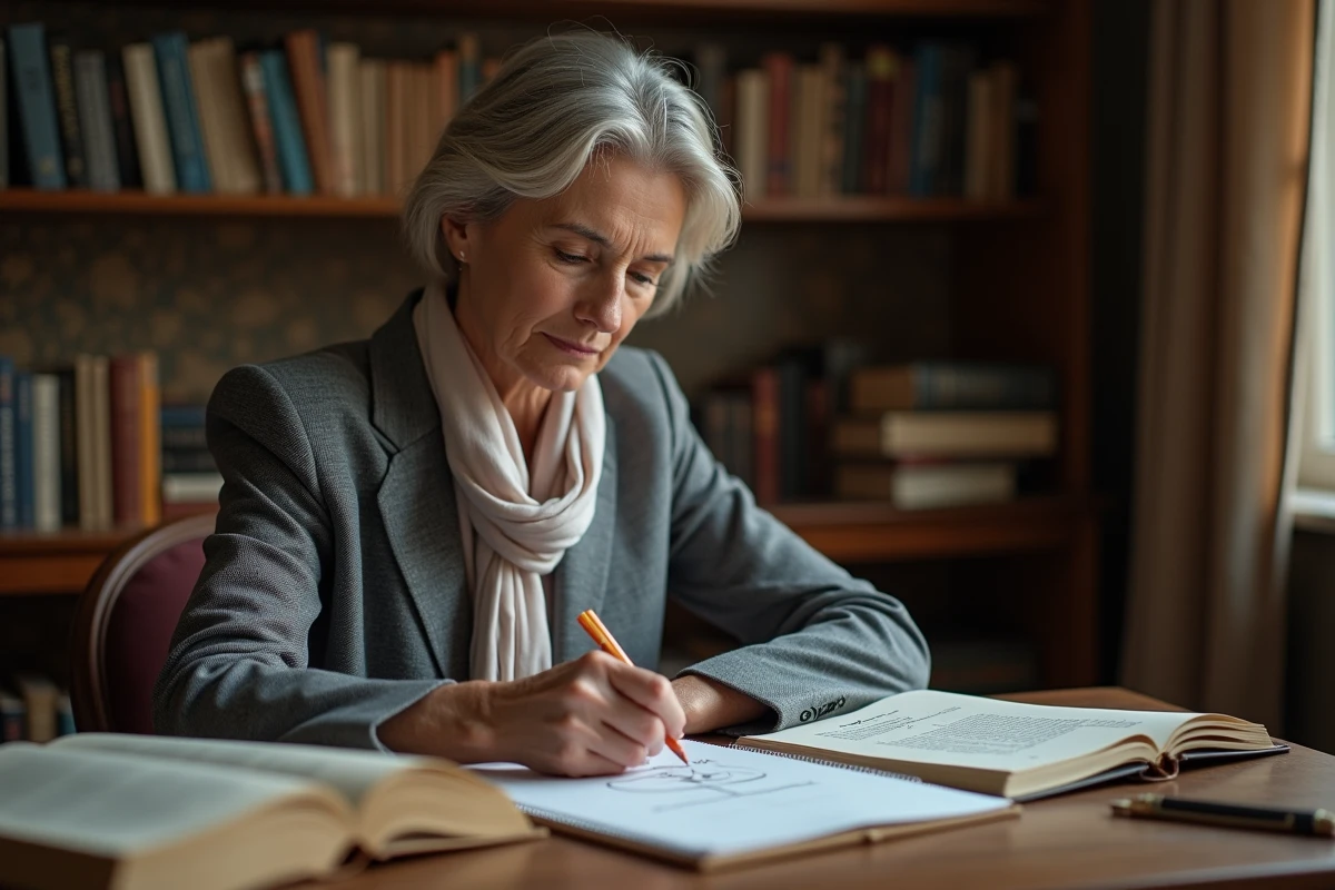 Femme en blazer gris esquissant la caverne de Platon