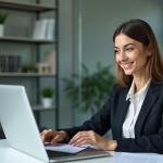 Femme professionnelle en bureau utilisant un laptop ChatGPT