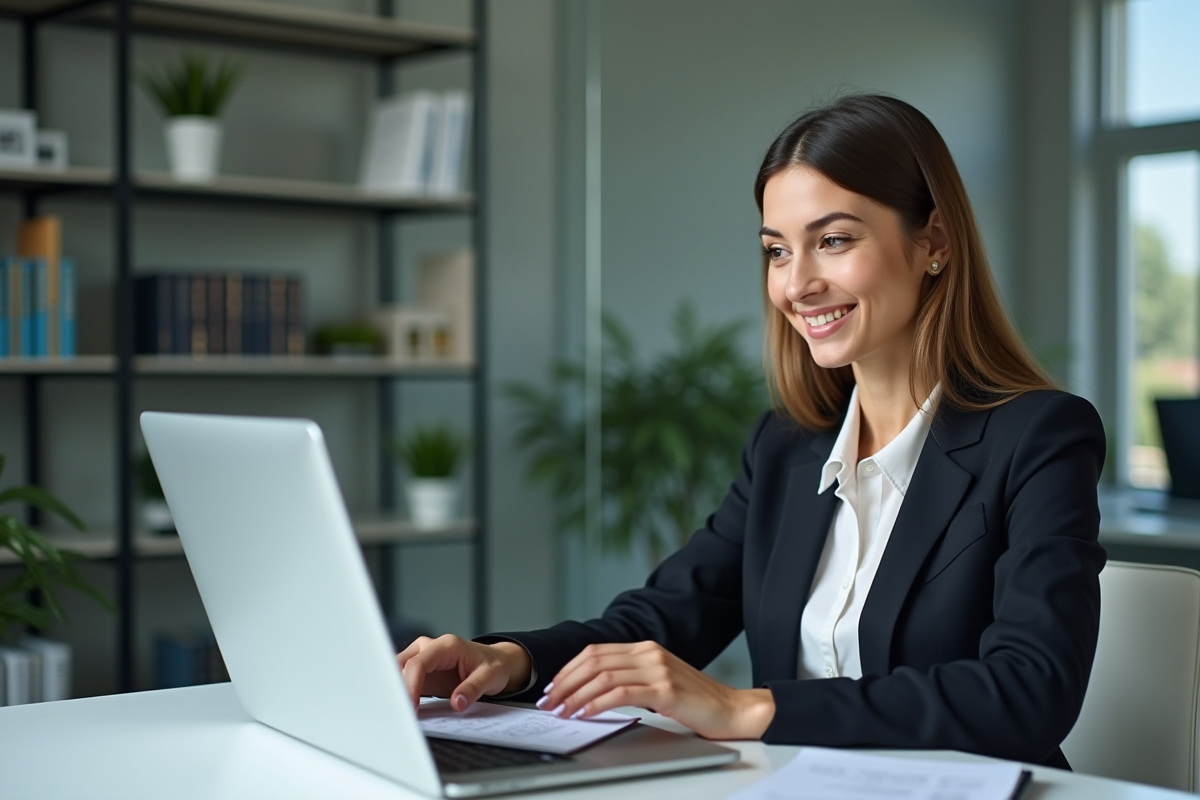 Femme professionnelle en bureau utilisant un laptop ChatGPT