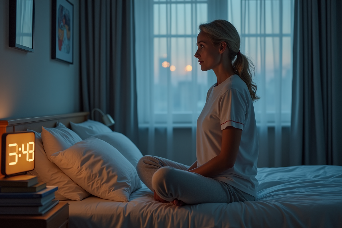 Femme d'âge moyen regardant une horloge digitale la nuit