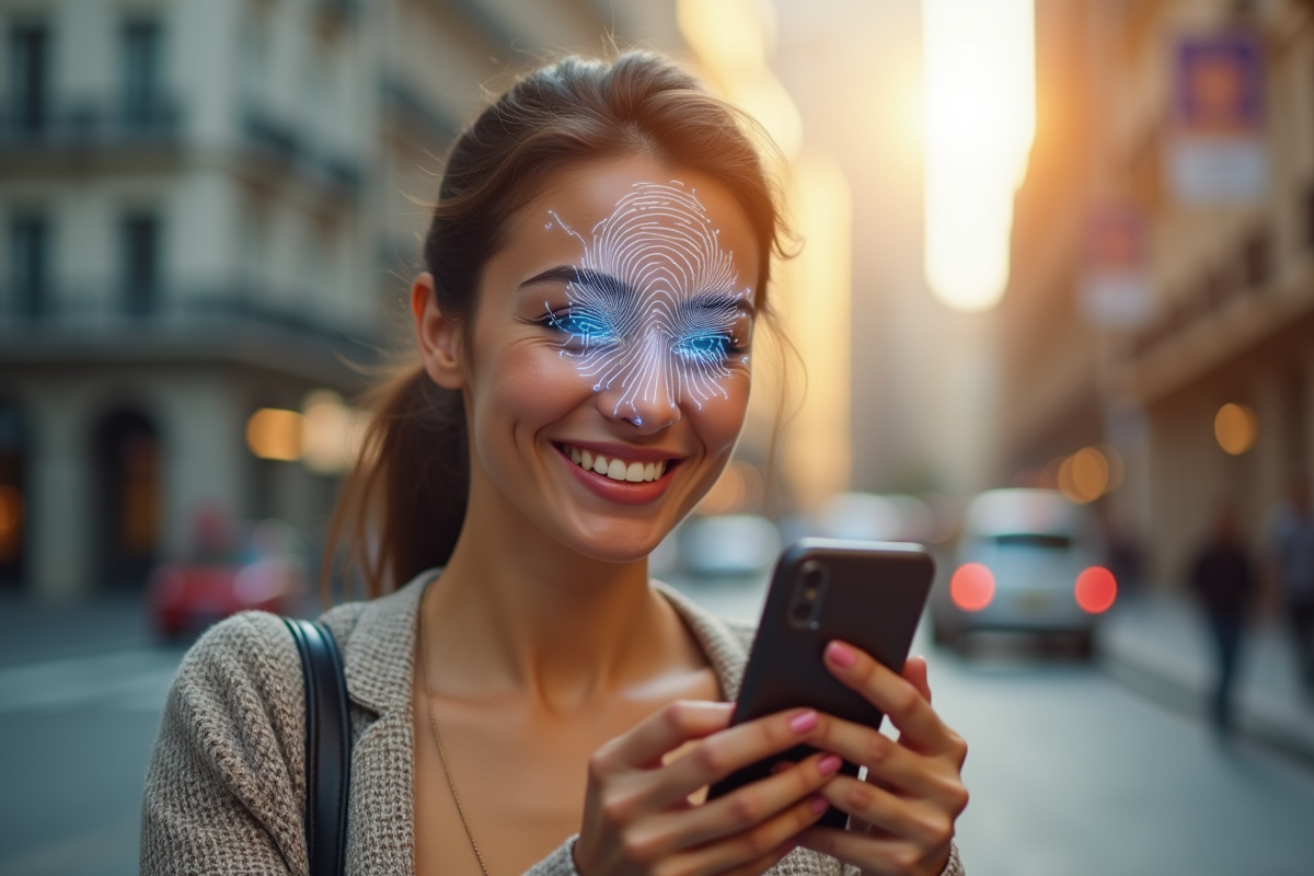 Femme souriante utilisant un smartphone avec reconnaissance d