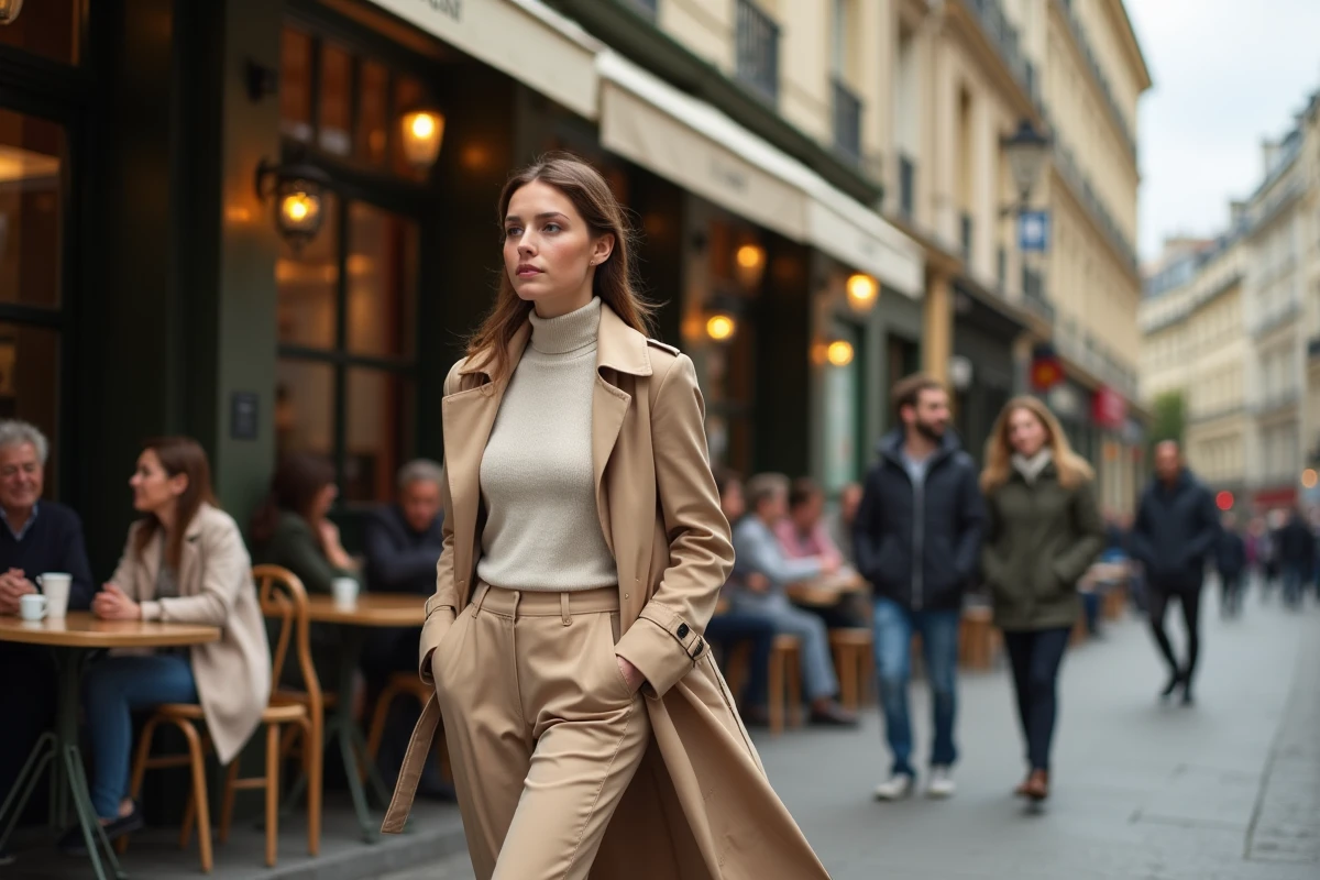 Femme élégante en trench beige dans une rue parisienne