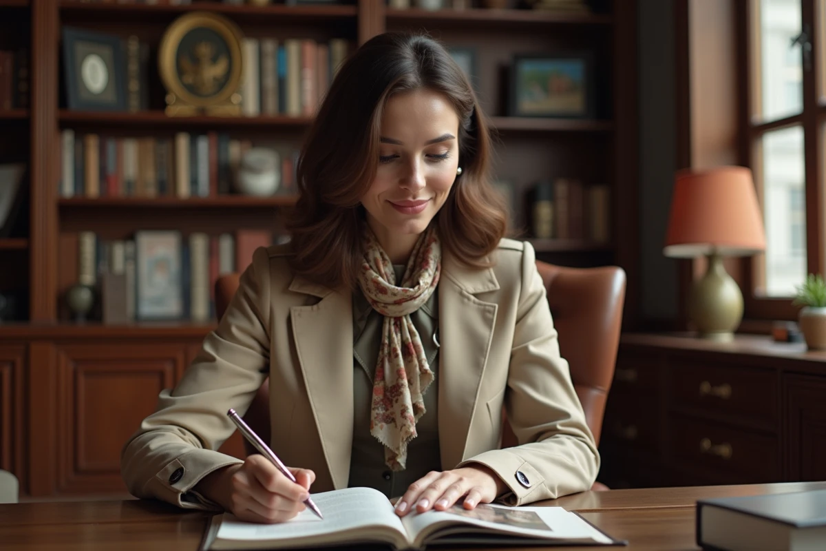 Femme sophistiquée dans un salon avec livres et photo