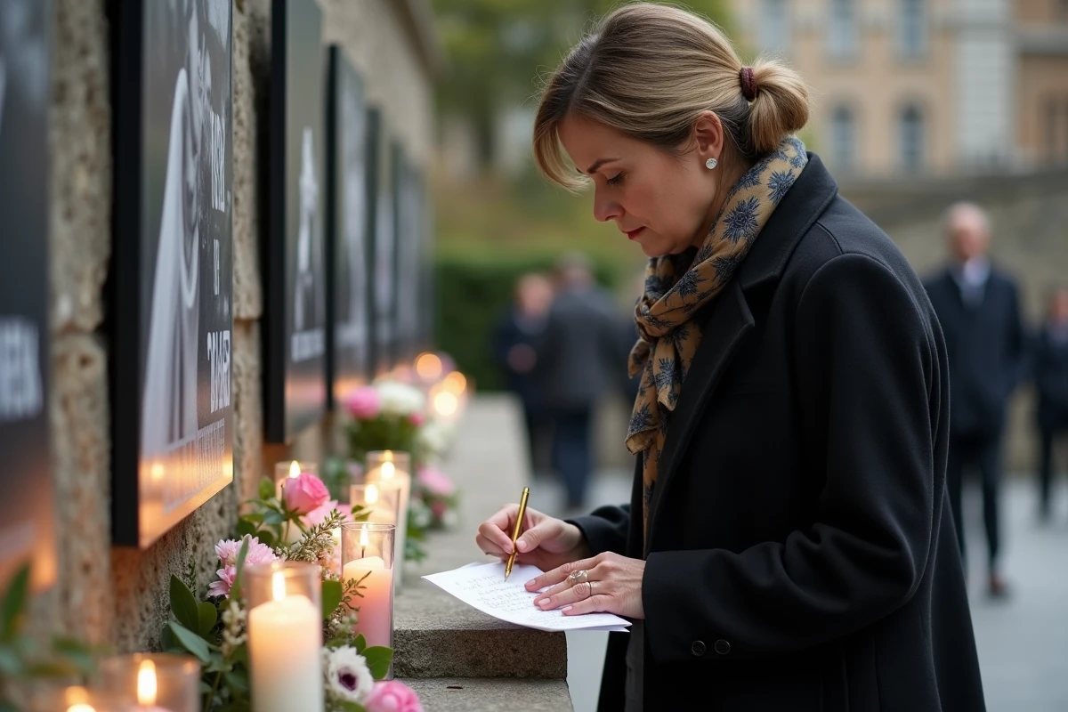 Femme déposant une note sur un mur de souvenirs