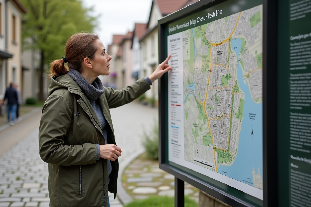 Femme examinant un plan de zonage en ville