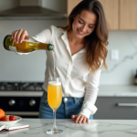 Jeune femme verse du prosecco avec mousse abondante