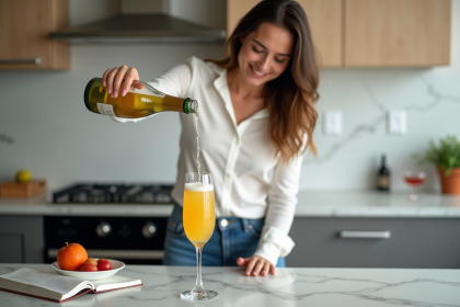 Jeune femme verse du prosecco avec mousse abondante